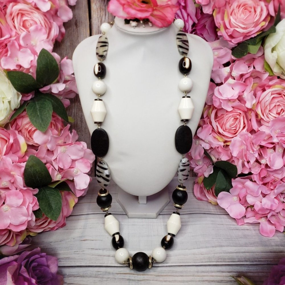 Chico's Brown White Lucite & Wood Beaded Long Gold Tone Fashion Necklace